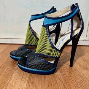 Jimmy Choo Electric Blue ‘Lythe’ Honeycomb Leather and Suede Sandals